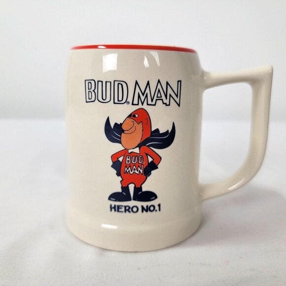 Budweiser BUD MAN HERO NO.1 ceramic 4.5" mug cup heavy Incentives Cor. St. Louis
